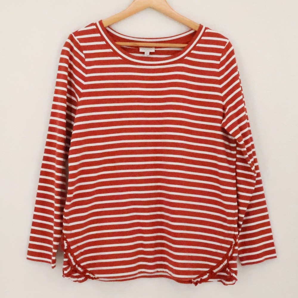 Talbots Ruffle Hem Striped Long Sleeve Tshirt Womens Size MP Red White Cotton